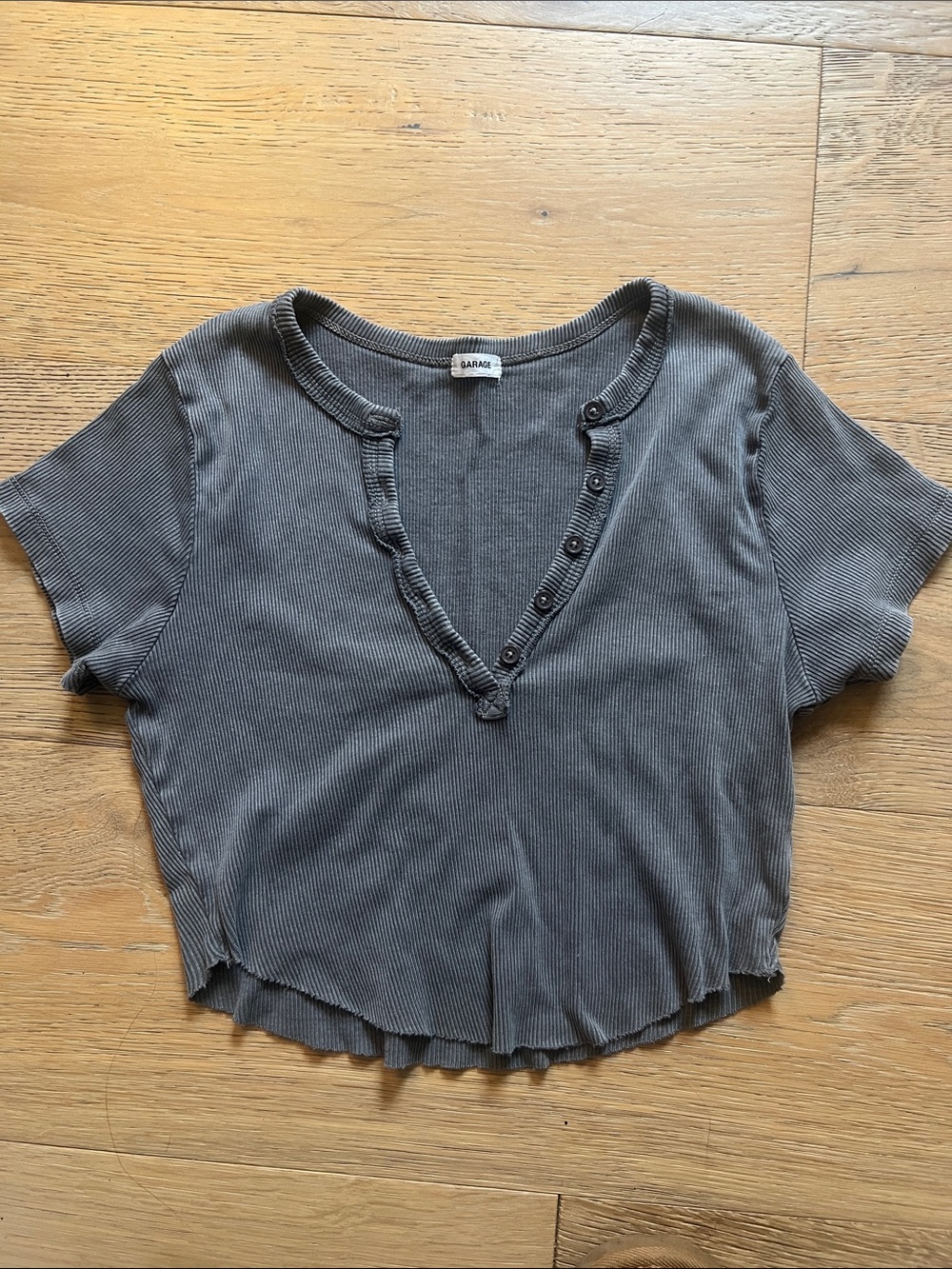 Garage Charcoal Ribbed V-Neck Henley Crop Top